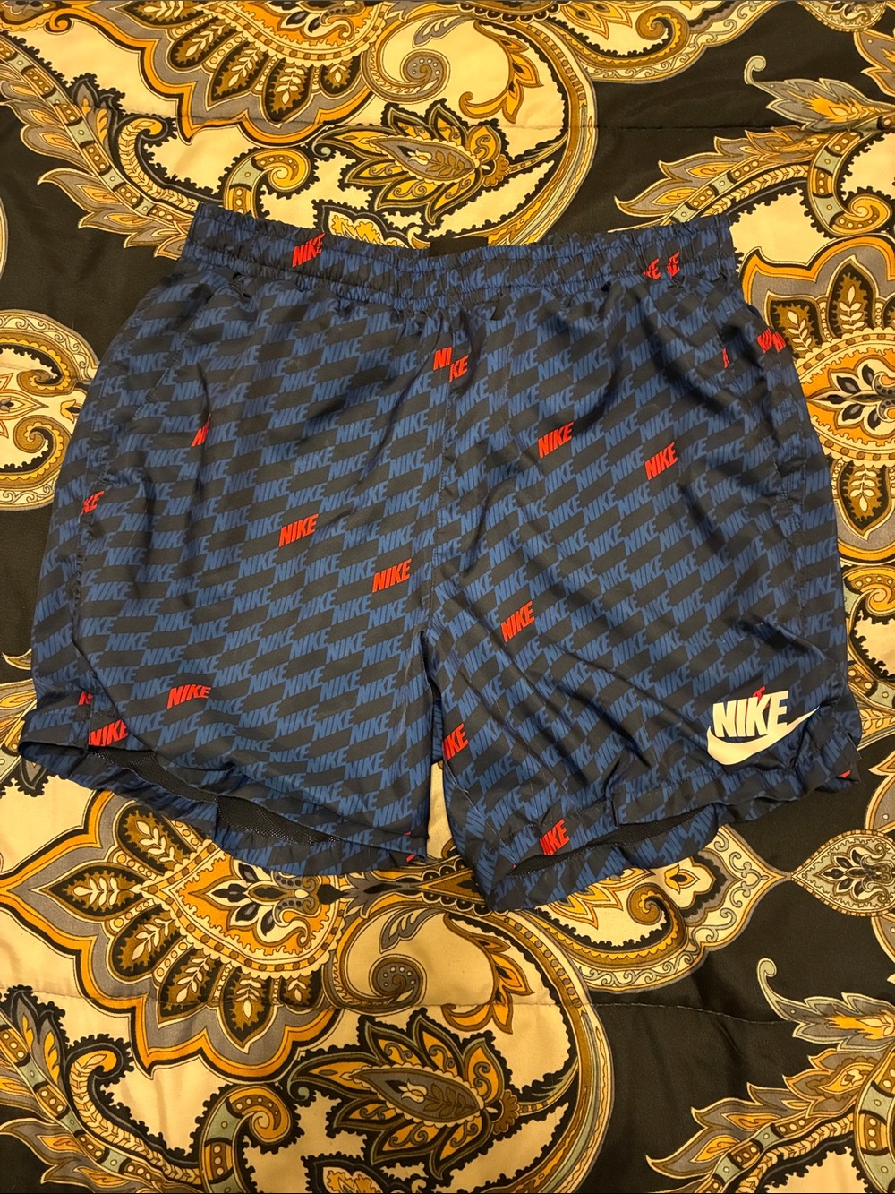 Nike Blue and Red Allover Logo Running Shorts